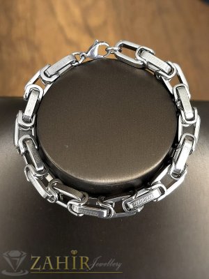 Масивна мъжка гривна от сребриста неръждаема стомана с едри вена с гръцки мотиви, широка 0,8 см, 4 размера - GS1473